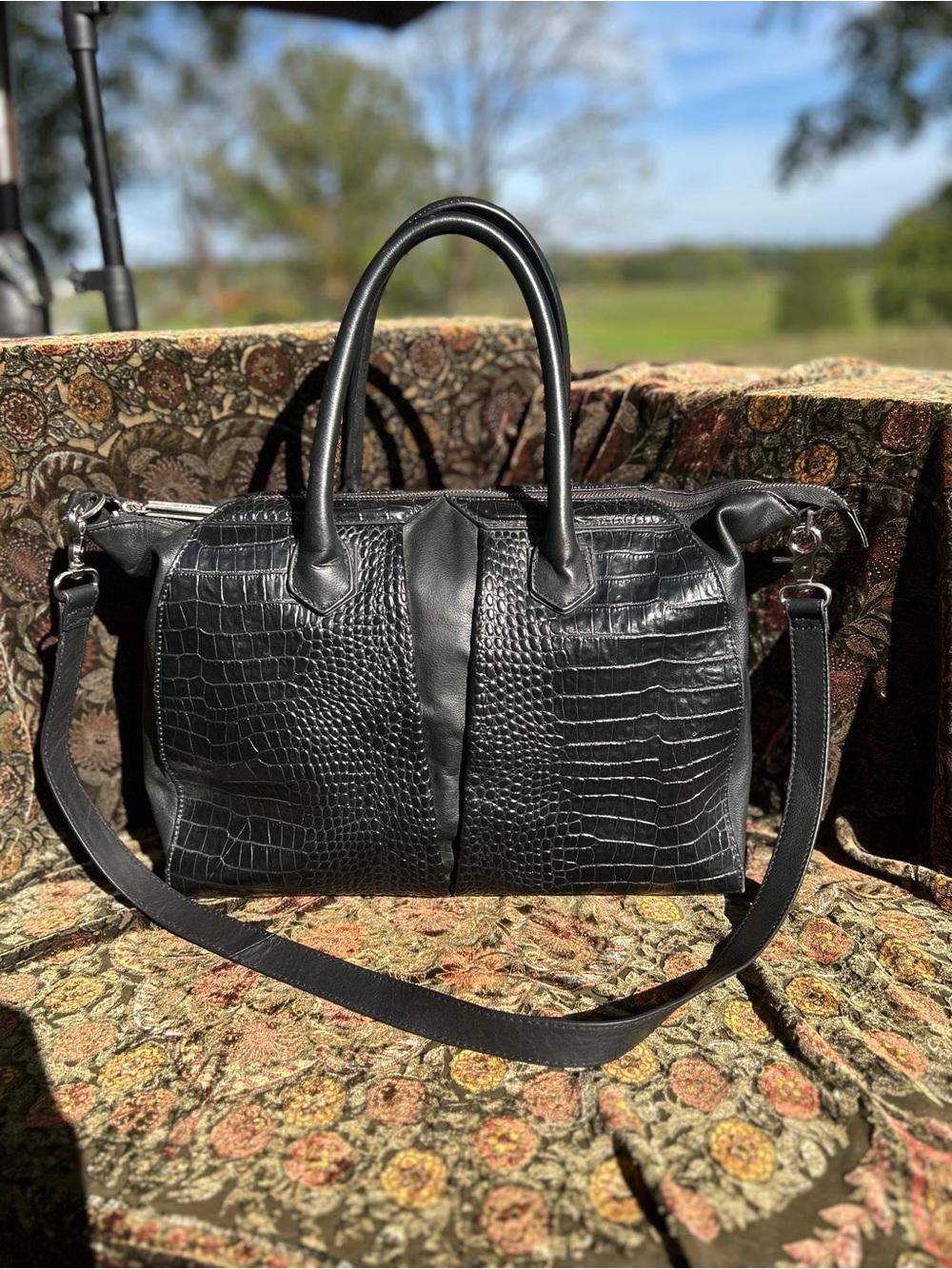 Premium WALTER by Walter Baker Black Croc-Embossed Leather Satchel Bag